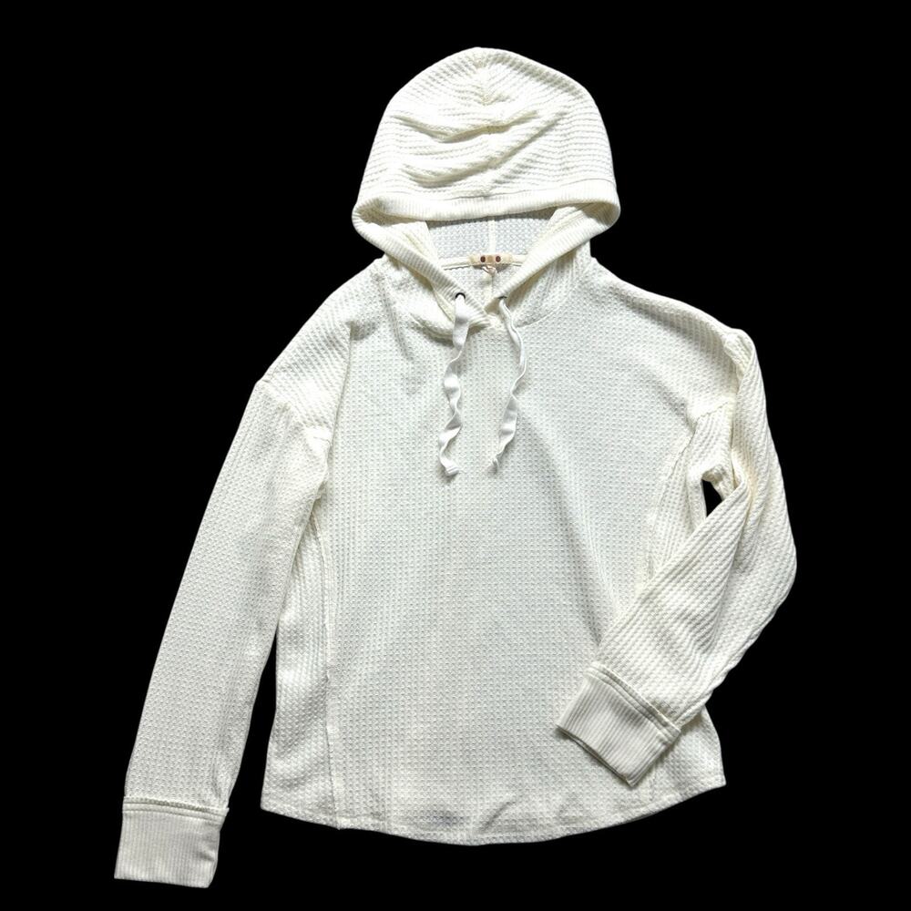 Three Dots Hoodie Thermal Waffle Knit Pullover Womens Sz M Off White Ivory